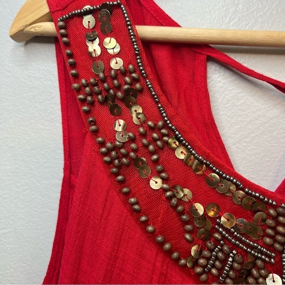 AGB Red Sleeveless Maxi Dress Waistband Lined Sequins Beaded Gauze Sz L Flowy - Picture 5 of 14